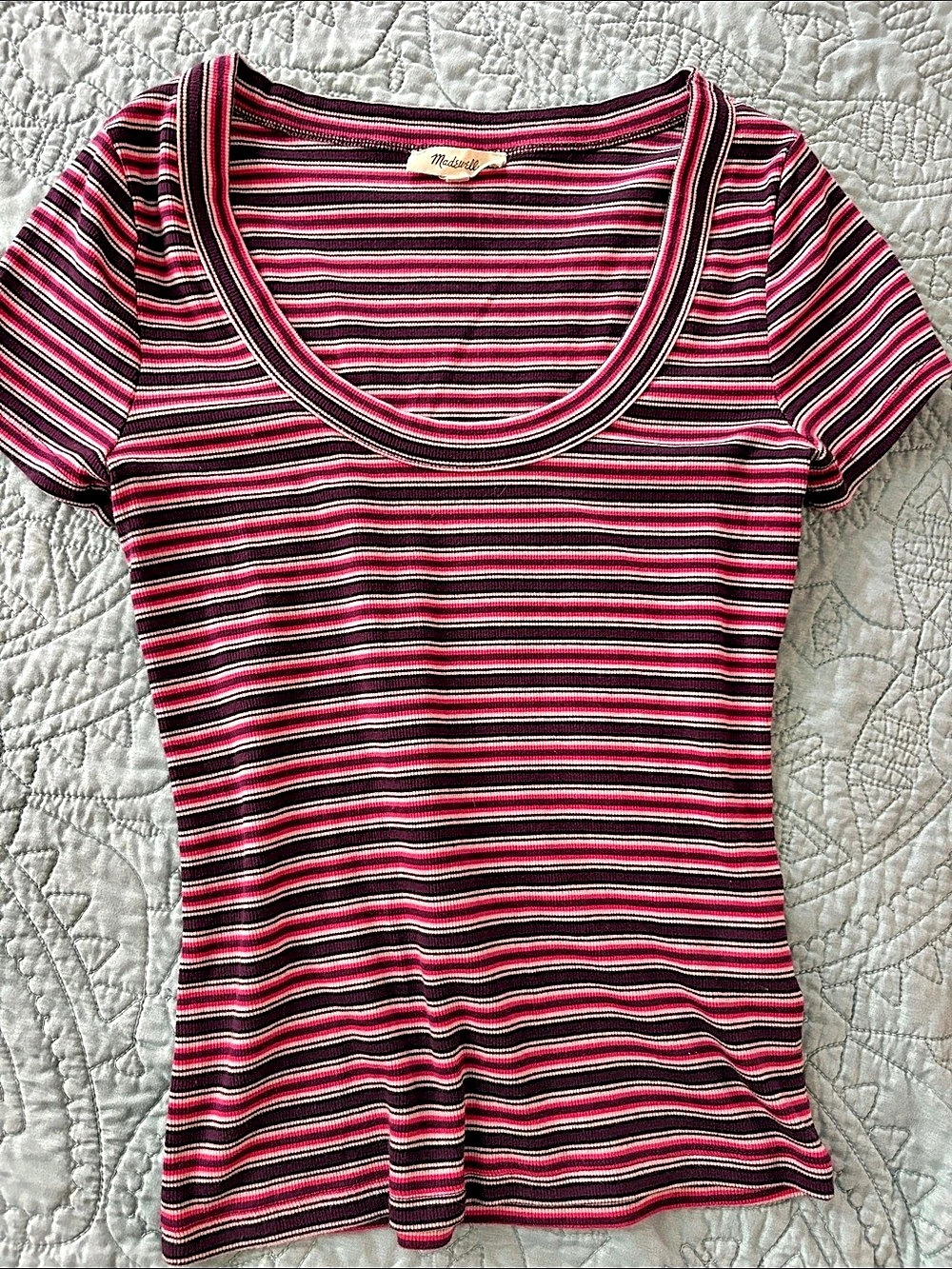 Madewell Supima® Rib Scoopneck Tee Striped Short Sleeve Tee in Pink & Burgundy